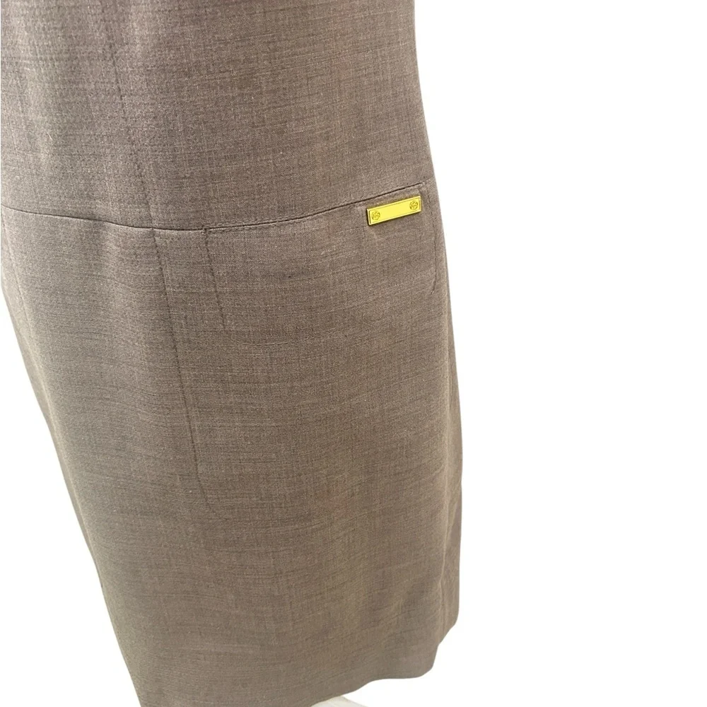 Tory Burch ola taupe Sleeveless shift Midi Dress wool blend gold logo accent 10